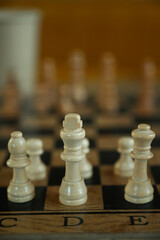 chess pieces on a wooden board