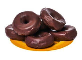  Plate of chocolate doughnuts isolated on a white background