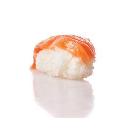  Single salmon nigiri sushi isolated on white background