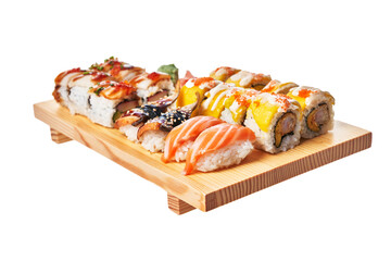  Wooden board of sushi food isolated on white background