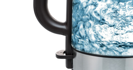 Part of a close-up electric glass kettle for boiling water for hot drinks. With boiling and bubbling water.