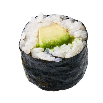  Single avocado sushi maki isolated on white background