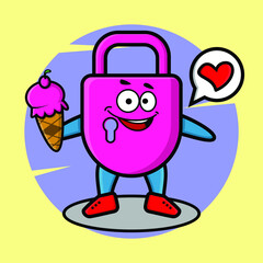 Cartoon lock mascot holding ice cream cone cute style design for t-shirt, sticker, logo element
