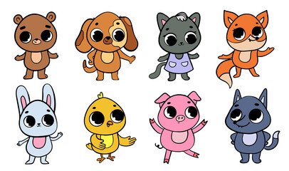 Obraz premium Set of cute cartoon animals. Kawaii pets, wild and farm animals