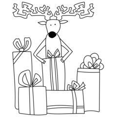 Christmas coloring page with funny deer with gift boxes, outline card for creativity