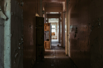 Dark and creepy corridor of old abandoned mental hospital