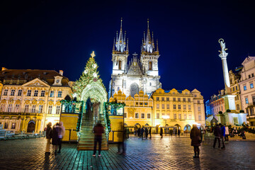 Prague, Czech republic - December 29, 2021. Night photo of Old Town Square without Christmas...