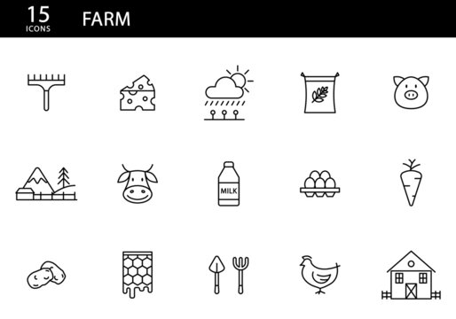 Conjunto de iconos de granja. Agricultura, Ganader&iacute;a, animales, plantas, casa de campo, establo, cultivos, producci&oacute;n de alimentos. Ilustraci&oacute;n vectorial, estilo iconos simples