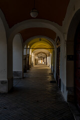 View of the city of Telc in the winter sunset.
The picturesque castle and the historic center with the decorative facades of the houses belong to the UNESCO World Heritage Site, Czech Republic.