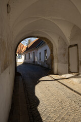 View of the city of Telc in the winter sunset.
The picturesque castle and the historic center with the decorative facades of the houses belong to the UNESCO World Heritage Site, Czech Republic.