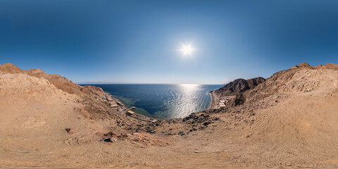 full seamless spherical hdr 360 panorama view from height of mountains range  to blue sea  in...