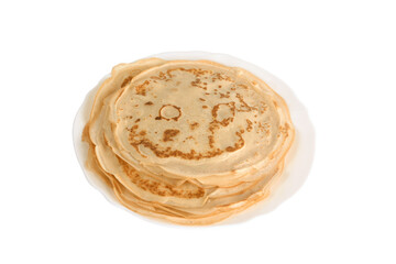 Delicious pancakes on a plate on a white background are ready to eat