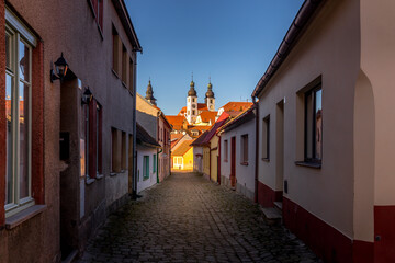 Picturesque streets and decorative houses in Telc. The picturesque castle and the historic center with the decorative facades of the houses belong to the UNESCO World Heritage Site, Czech Republic.