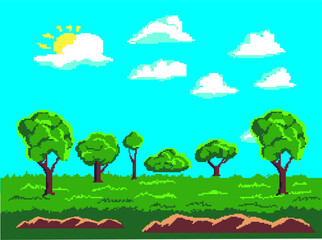 Pixel art game location. grass, trees, sky, clouds vector illustration