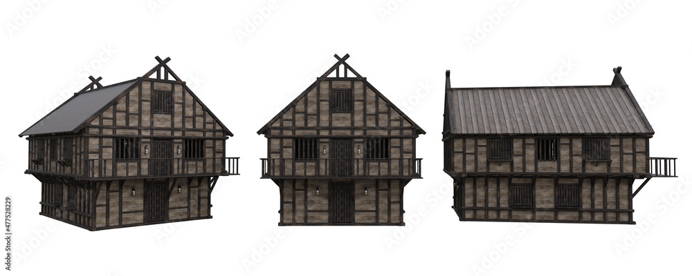 Poster Medieval timber framed house shown from three different angles. 3D rendering isolated on a white background.