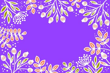 Leaves, flowers and twigs on a violet lilac background. Frame made of plants with floral design. Space for text and graphic design. Festive background with a pattern of twigs.