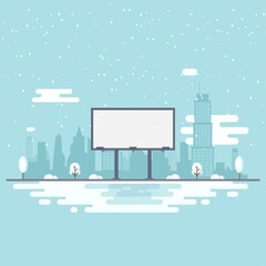 A large empty city billboard for your advertising on the landscape winter city.