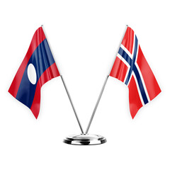 Two table flags isolated on white background 3d illustration, laos and norway