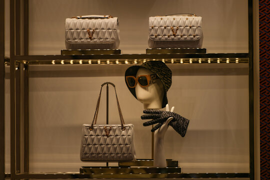 Versace luxury and fashionable handbags from new collection 2022, close up store show case