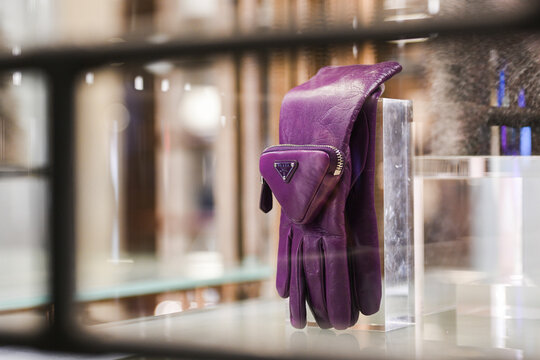 Prada luxury and fashionable gloves from new collection 2022, close up store show case