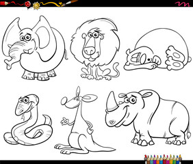 cartoon wild animals characters set coloring book page