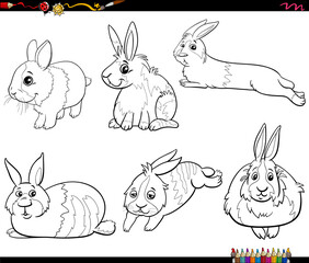 cartoon miniature rabbits characters set coloring book page