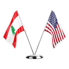 Two table flags isolated on white background 3d illustration, lebanon and usa