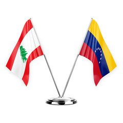 Two table flags isolated on white background 3d illustration, lebanon and venezuela