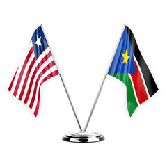 Two table flags isolated on white background 3d illustration, liberia and south sudan