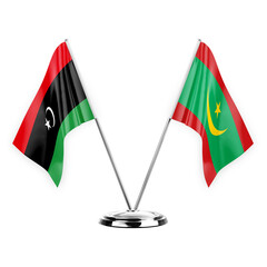 Two table flags isolated on white background 3d illustration, libya and mauritania