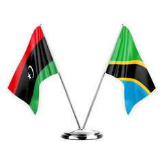 Two table flags isolated on white background 3d illustration, libya and tanzania