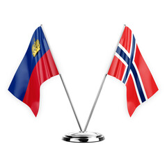 Two table flags isolated on white background 3d illustration, liechtenstein and norway