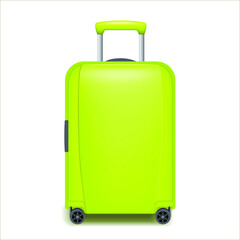 Realistic green wheeled travel bag with hand. Plastic travel suitcase. 3D rendering isolated on white background.