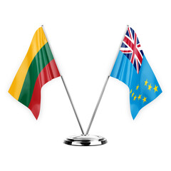 Two table flags isolated on white background 3d illustration, lithuania and tuvalu