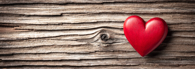Single Red Wooden Heart On Rustic Table Background - Valentine's Day - Powered by Adobe