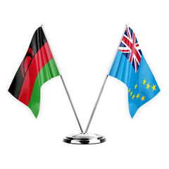Two table flags isolated on white background 3d illustration, malawi and tuvalu