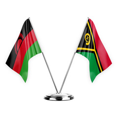 Two table flags isolated on white background 3d illustration, malawi and vanuatu