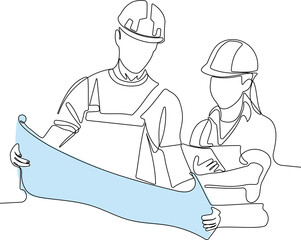 One continuous line drawing of young construction coordinator discussing construction design plan to team member. Building architecture business concept. Single line draw design graphic illustration.