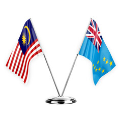 Two table flags isolated on white background 3d illustration, malaysia and tuvalu