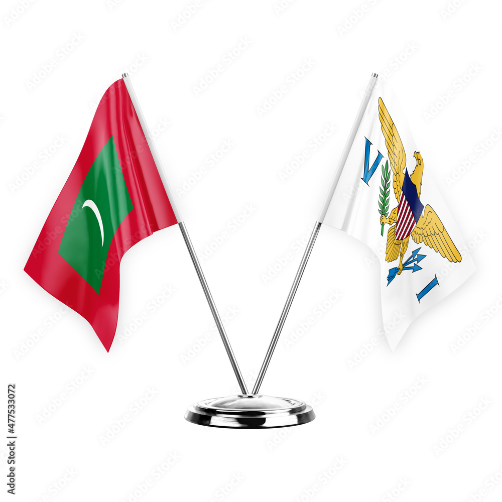 Wall mural two table flags isolated on white background 3d illustration, maldives and virgin islands