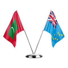Two table flags isolated on white background 3d illustration, maldives and tuvalu