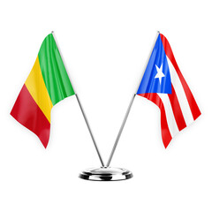 Two table flags isolated on white background 3d illustration, mali and puerto rico