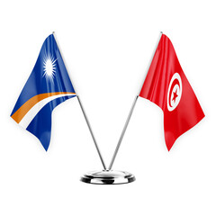 Two table flags isolated on white background 3d illustration, marshall islands and tunisia