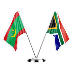 Two table flags isolated on white background 3d illustration, mauritania and south africa