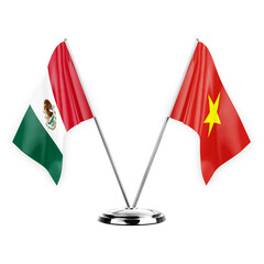 Two table flags isolated on white background 3d illustration, mexico and vietnam