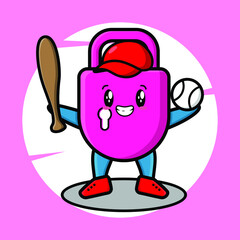 Cute cartoon lock mascot playing baseball for t-shirt, sticker, and logo elements