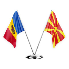 Two table flags isolated on white background 3d illustration, moldova and north macedonia