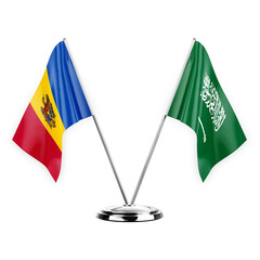 Two table flags isolated on white background 3d illustration, moldova and saudi arabia
