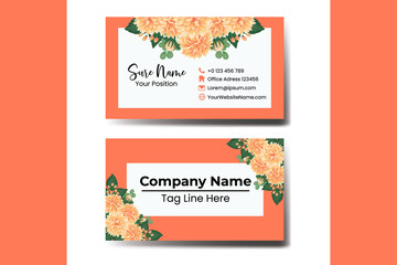 Business Card Template Orange Dahlia Flower .Double-sided Orange Colors. Flat Design Vector Illustration. Stationery Design