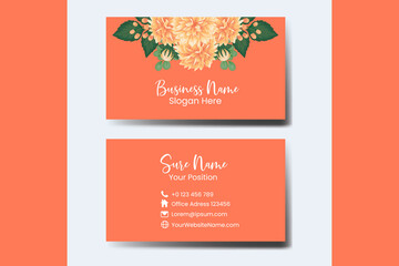 Business Card Template Orange Dahlia Flower .Double-sided Orange Colors. Flat Design Vector Illustration. Stationery Design